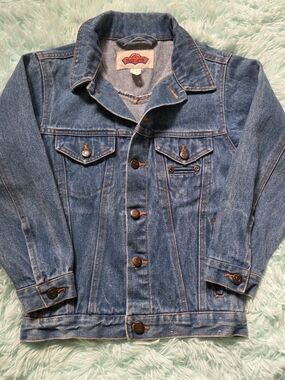 Vintage Grand Canyon Blue Denim Trucker Jacket Size Small Leather Patch.